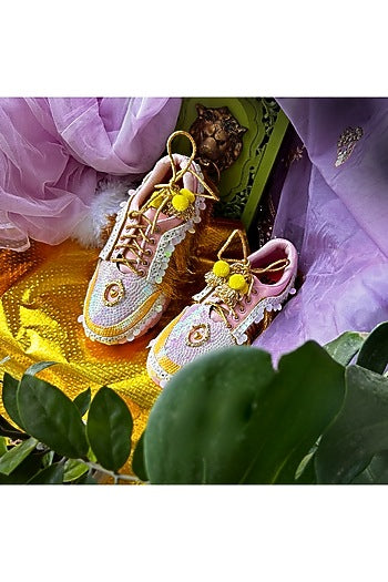 Pink Vegan Leather Fringe & Sequins Work Sneakers