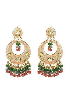 Gold Finish Earrings With Pink Drops