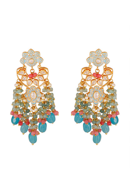 Gold Finish Earrings With Blue Drops