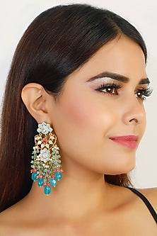 Gold Finish Earrings With Blue Drops