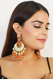 Gold Finish Earrings With Orange Drops