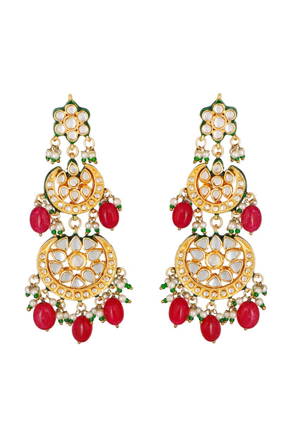 Gold Finish Earrings With Maroon Drops