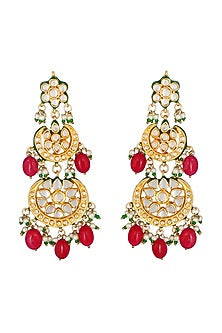 Gold Finish Earrings With Maroon Drops