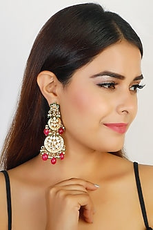 Gold Finish Earrings With Maroon Drops