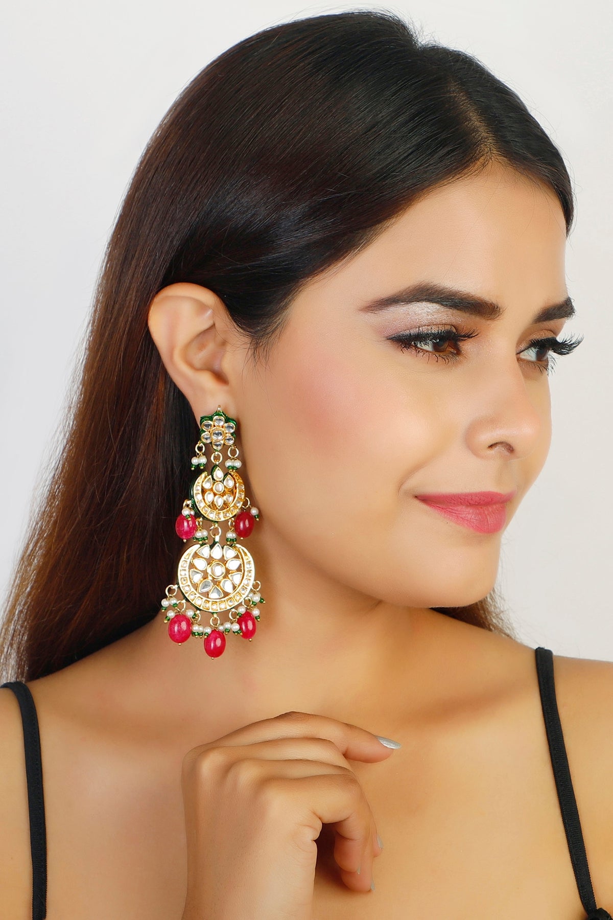 Gold Finish Earrings With Maroon Drops