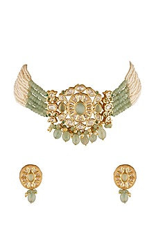 Gold Finish Mint Beads & Pearl Choker Necklace Set