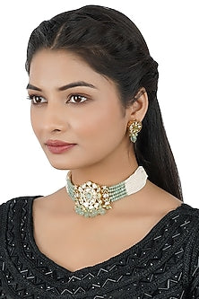 Gold Finish Mint Beads & Pearl Choker Necklace Set