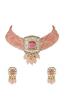 Two Tone Finish Blush Pink Beaded Choker Necklace Set