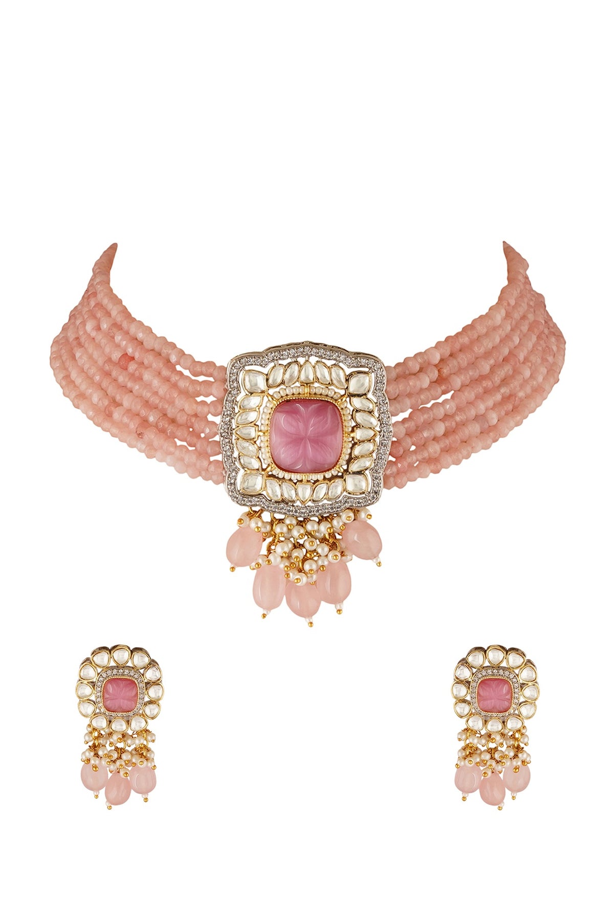 Two Tone Finish Blush Pink Beaded Choker Necklace Set