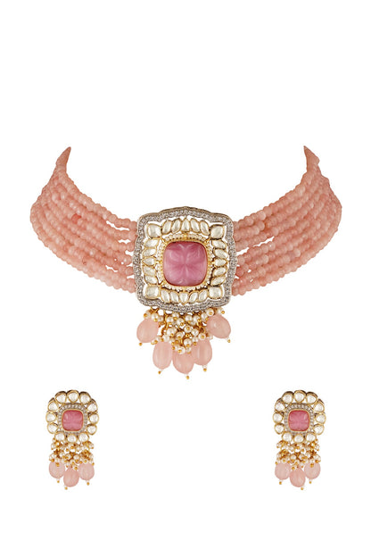 Two Tone Finish Blush Pink Beaded Choker Necklace Set