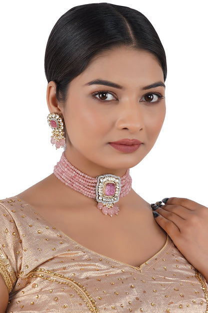 Two Tone Finish Blush Pink Beaded Choker Necklace Set