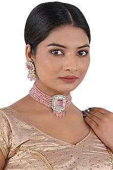 Two Tone Finish Blush Pink Beaded Choker Necklace Set