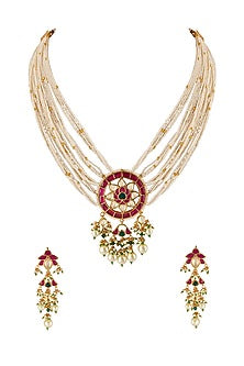 Gold Finish Necklace Set With Kundan Polki