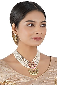 Gold Finish Necklace Set With Kundan Polki