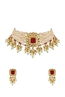Gold Finish Choker Necklace Set With Kundan Polki