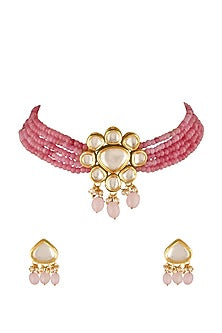 Gold Finish Choker Necklace Set With Kundan Polki