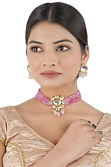 Gold Finish Choker Necklace Set With Kundan Polki