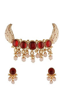 Gold Finish Kundan Polki Choker Necklace Set In Mixed Metal