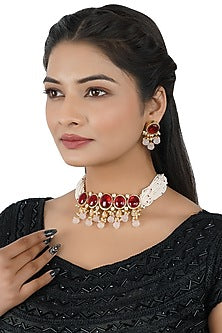 Gold Finish Kundan Polki Choker Necklace Set In Mixed Metal