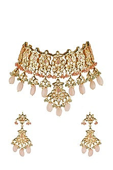 Gold Finish Choker Necklace Set With Kundan Polki