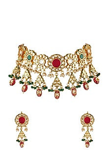 Gold Finish Choker Necklace Set In Mixed Metal