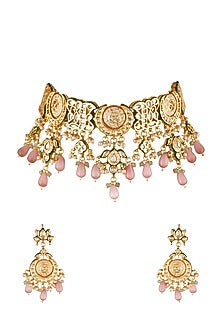 Gold Finish Choker Necklace Set With Pink Beads