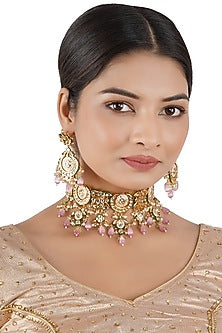 Gold Finish Choker Necklace Set With Pink Beads