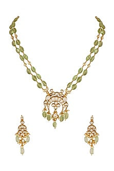 Gold Finish Mint Beaded Long Necklace Set