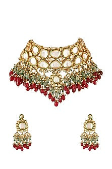 Gold Finish Multi-Colored Beaded Choker Necklace Set