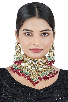 Gold Finish Multi-Colored Beaded Choker Necklace Set