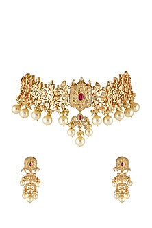 Gold Finish Red Stone & Pearl Choker Necklace Set
