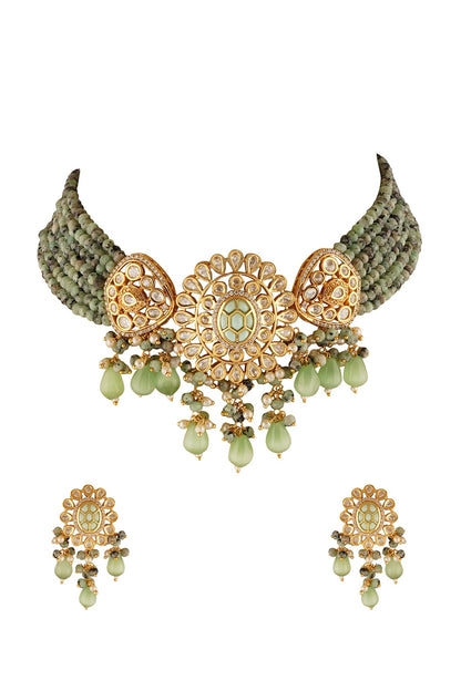 Gold Finish Mint Beads & Stone Choker Necklace Set