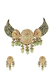 Gold Finish Mint Beads & Stone Choker Necklace Set