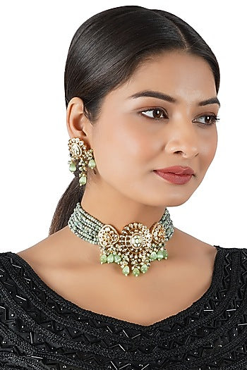 Gold Finish Mint Beads & Stone Choker Necklace Set
