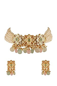 Gold Finish Mint & Blush Pink Beaded Choker Necklace Set