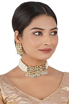 Gold Finish Mint & Blush Pink Beaded Choker Necklace Set