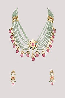 Gold Finish Kundan Polki Long Necklace Set