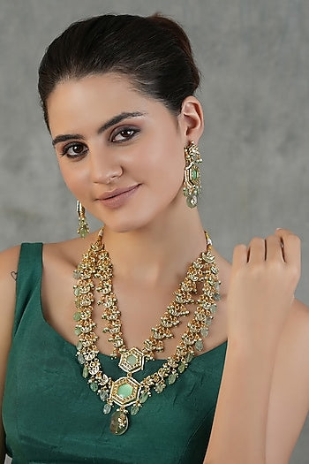 Gold Finish Kundan Polki Layered Necklace Set