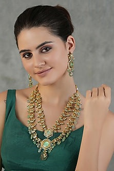 Gold Finish Kundan Polki Layered Necklace Set
