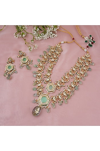 Gold Finish Kundan Polki Layered Necklace Set