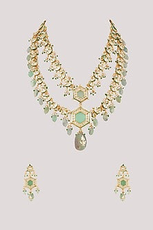 Gold Finish Kundan Polki Layered Necklace Set