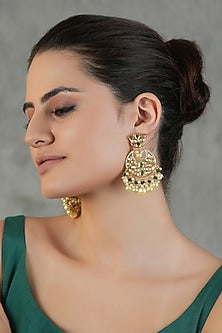 Gold Finish Kundan Polki Chandbaali Earrings