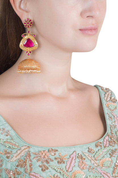 Gold Polish Ruby Stones Jhumka Earrings