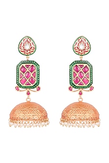 Gold Finish Ruby & Emerald Jhumka Earrings
