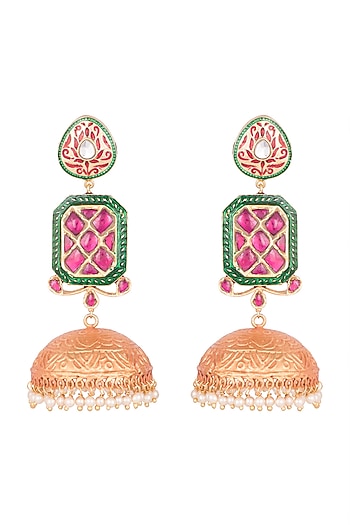 Gold Finish Ruby & Emerald Jhumka Earrings
