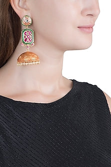 Gold Finish Ruby & Emerald Jhumka Earrings