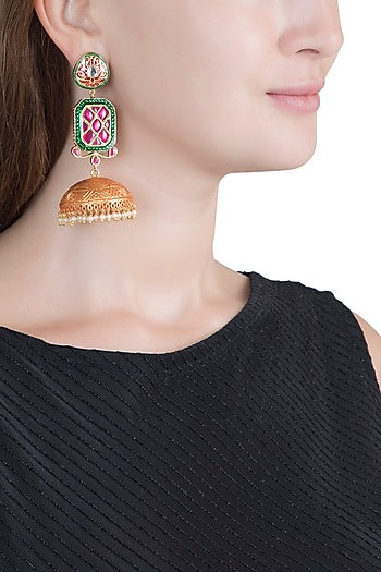 Gold Finish Ruby & Emerald Jhumka Earrings