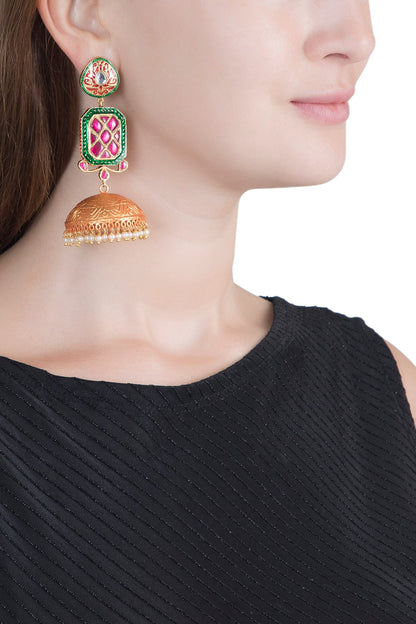 Gold Finish Ruby & Emerald Jhumka Earrings
