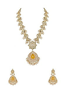 Gold Finish Kundan Polki & Yellow Onyx Long Necklace Set