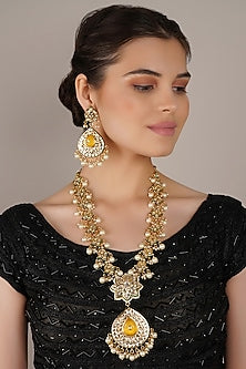 Gold Finish Kundan Polki & Yellow Onyx Long Necklace Set